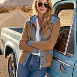 Urban Western Camel Suede Jean Jacket Women Mixed Media Drawstring Hood Coat