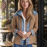 Urban Western Camel Suede Jean Jacket Women Mixed Media Drawstring Hood Coat