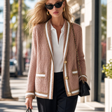 Old Money Dusty Pink Knit Cardigan Contrast Stripe Trim Gold Button Pockets