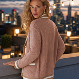 Old Money Dusty Pink Knit Cardigan Contrast Stripe Trim Gold Button Pockets