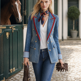 Women’s Double Breasted Denim Blazer With Red Lapel Trim