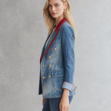 Women’s Double Breasted Denim Blazer With Red Lapel Trim