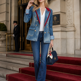 Women’s Double Breasted Denim Blazer With Red Lapel Trim