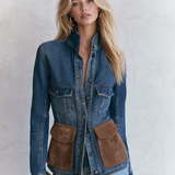 Fitted Denim Utility Jacket With Suede Pockets