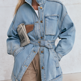 Belted Oversized Denim Utility Jacket For Women