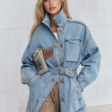 Belted Oversized Denim Utility Jacket For Women