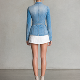 Women's Blue Denim Blazer Jacket Belted Double-Breasted Fitted Western