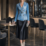 Women's Blue Denim Blazer Jacket Belted Double-Breasted Fitted Western