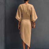 Women's Modern Khaki Linen Blend Draped Asymmetric Short Sleeve