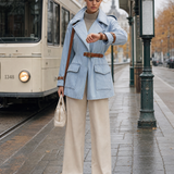 Light Blue Denim Trench Jacket Women Oversized Belted Utility Cargo Coat