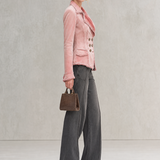 Pink Washed Denim Jacket Frayed Distressed Double-breasted Slim-fit Lapel Suit