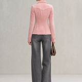 Pink Washed Denim Jacket Frayed Distressed Double-breasted Slim-fit Lapel Suit
