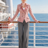 Pink Washed Denim Jacket Frayed Distressed Double-breasted Slim-fit Lapel Suit