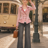 Pink Washed Denim Jacket Frayed Distressed Double-breasted Slim-fit Lapel Suit