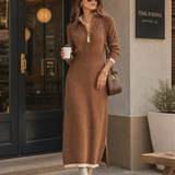 Women's Retro Color-Block Raglan-Sleeve Maxi Dress With Trim And Zip-Up Stand Collar MDZ2180H2WY