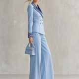 Women's Light Blue Denim Blazer Nautical Striped Lapel Double-Breasted Cropped Jacket