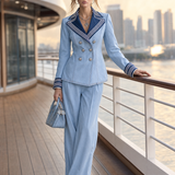 Women's Light Blue Denim Blazer Nautical Striped Lapel Double-Breasted Cropped Jacket