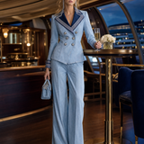 Women's Light Blue Denim Blazer Nautical Striped Lapel Double-Breasted Cropped Jacket