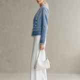 Light Blue Frayed Denim Blazer Women Double-Breasted Cropped Fitted Western Jacket
