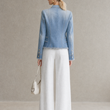 Light Blue Frayed Denim Blazer Women Double-Breasted Cropped Fitted Western Jacket