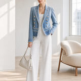 Light Blue Frayed Denim Blazer Women Double-Breasted Cropped Fitted Western Jacket