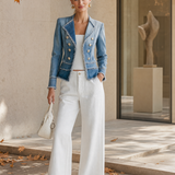 Light Blue Frayed Denim Blazer Women Double-Breasted Cropped Fitted Western Jacket