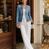 Light Blue Frayed Denim Blazer Women Double-Breasted Cropped Fitted Western Jacket