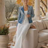 Light Blue Frayed Denim Blazer Women Double-Breasted Cropped Fitted Western Jacket