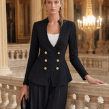 Black Washed Denim Blazer Women Gold Button Double-Breasted Peplum Fitted Jacket