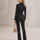 Black Washed Denim Blazer Women Gold Button Double-Breasted Peplum Fitted Jacket