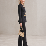Black Washed Denim Blazer Women Gold Button Double-Breasted Peplum Fitted Jacket