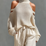 Women’s Beige Openwork Knit Cold Shoulder High Neck Sweater MDZ1262A7T