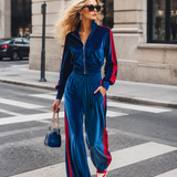 Women's Sporty Style Contrast-Trim Velvet Zip-Up Jacket & Wide-Leg Pants Two-Piece Set