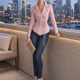 Pink Washed Denim Jacket Women Lace-Up Corset Waist Fitted Peplum Blazer