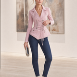 Pink Washed Denim Jacket Women Lace-Up Corset Waist Fitted Peplum Blazer