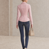 Pink Washed Denim Jacket Women Lace-Up Corset Waist Fitted Peplum Blazer