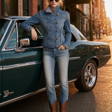Blue Military Denim Jacket Women Stand Collar Fitted Gingham Lined Western