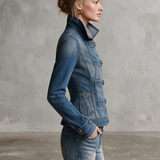 Blue Military Denim Jacket Women Stand Collar Fitted Gingham Lined Western