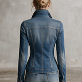 Blue Military Denim Jacket Women Stand Collar Fitted Gingham Lined Western