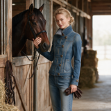 Blue Military Denim Jacket Women Stand Collar Fitted Gingham Lined Western