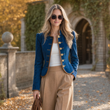 Women's Navy Denim Military Jacket Gold Button Fitted Cropped Officer Blazer