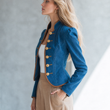 Women's Navy Denim Military Jacket Gold Button Fitted Cropped Officer Blazer