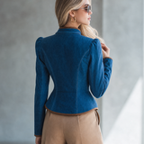 Women's Navy Denim Military Jacket Gold Button Fitted Cropped Officer Blazer