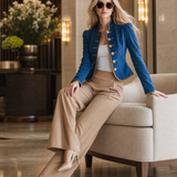 Women's Navy Denim Military Jacket Gold Button Fitted Cropped Officer Blazer