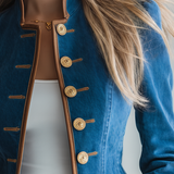 Women's Navy Denim Military Jacket Gold Button Fitted Cropped Officer Blazer