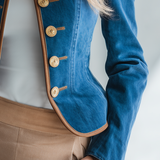Women's Navy Denim Military Jacket Gold Button Fitted Cropped Officer Blazer