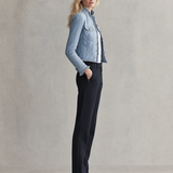 Women's Light Blue Denim Jacket Frayed Trim Gold Button Cropped Coat