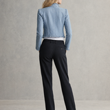 Women's Light Blue Denim Jacket Frayed Trim Gold Button Cropped Coat