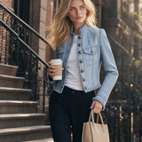 Women's Light Blue Denim Jacket Frayed Trim Gold Button Cropped Coat