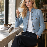 Women's Light Blue Denim Jacket Frayed Trim Gold Button Cropped Coat
